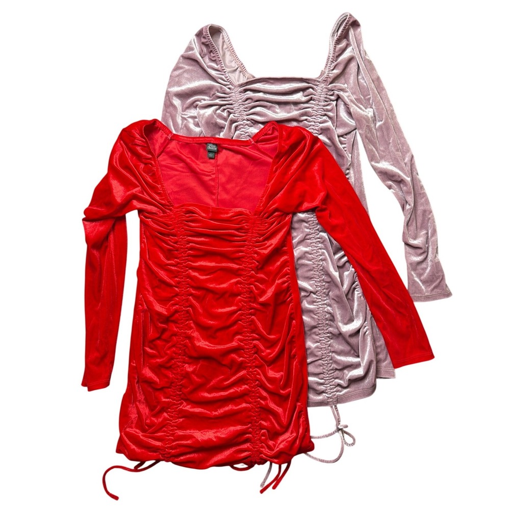 Wild Fable Dress Womens L Ruched Bodycon Red Pink Velvet Drawstring Mini 2 Pack